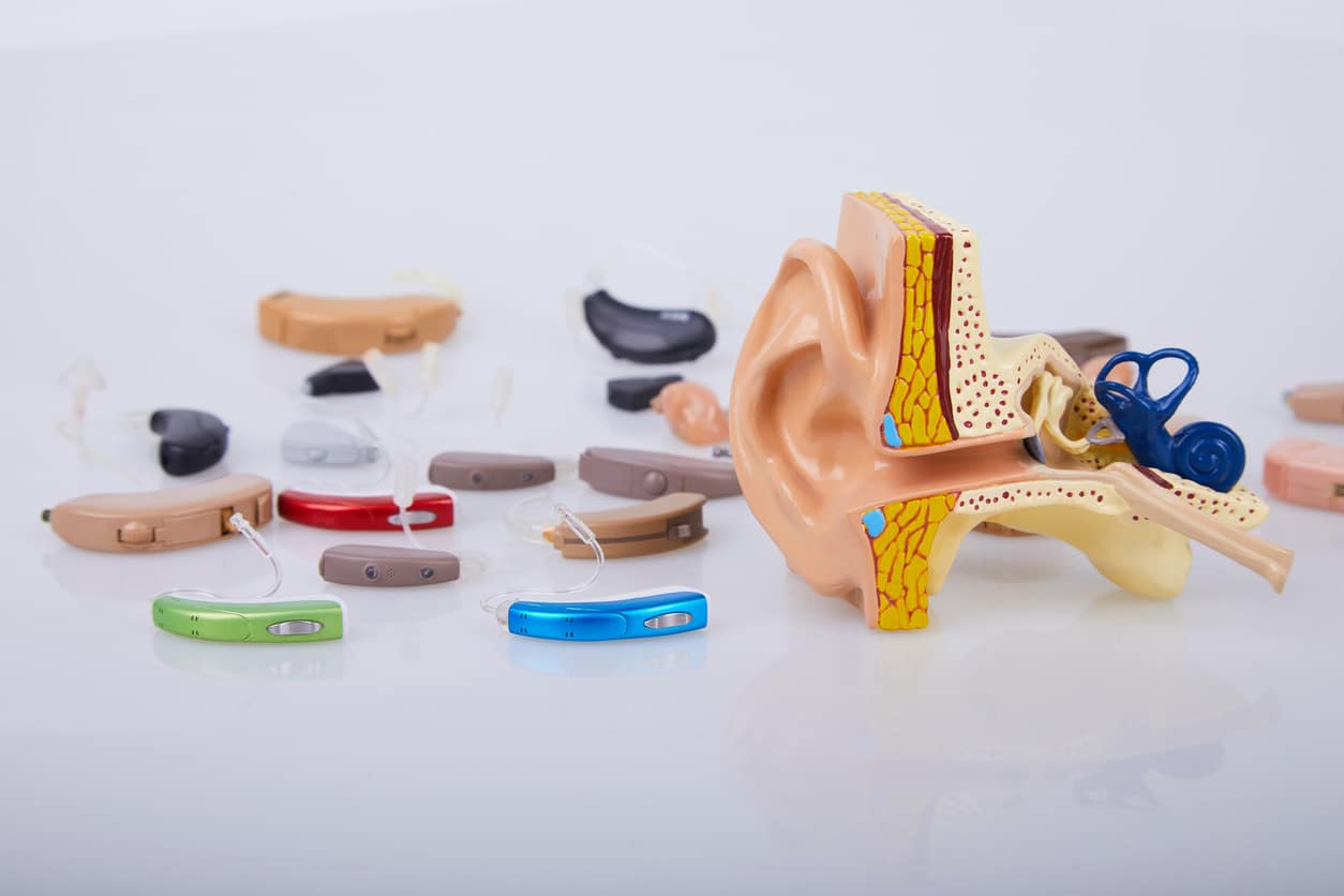 Model of an ear and an array of hearing aids.